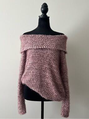 Blush Pink Off-Shoulder Bouclé Sweater